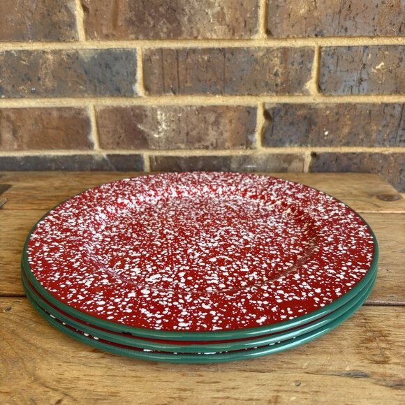 Robert Stanley Enamelware Serving Plates Chargers Red White Speckled Green Edge - Picture 1 of 13